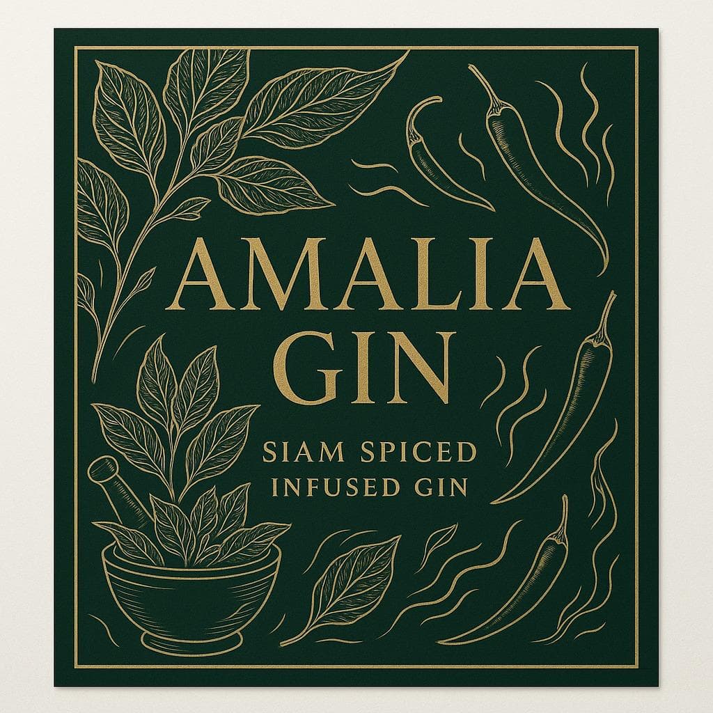 Etikett des Siam Spiced Gin: goldene Linienzeichnung von Basilikum, Chilis und Mörser auf Flaschengrün
