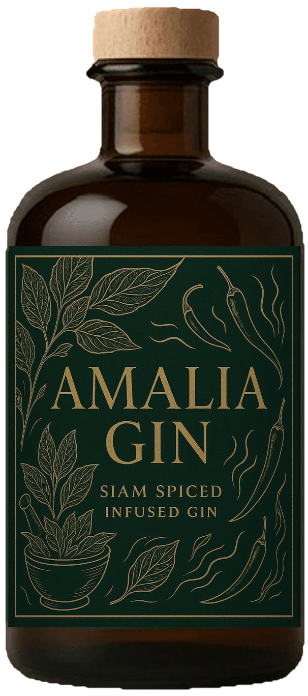 Flasche Amalia Gin, Siam Spiced Infused Gin, mit Holzkorken